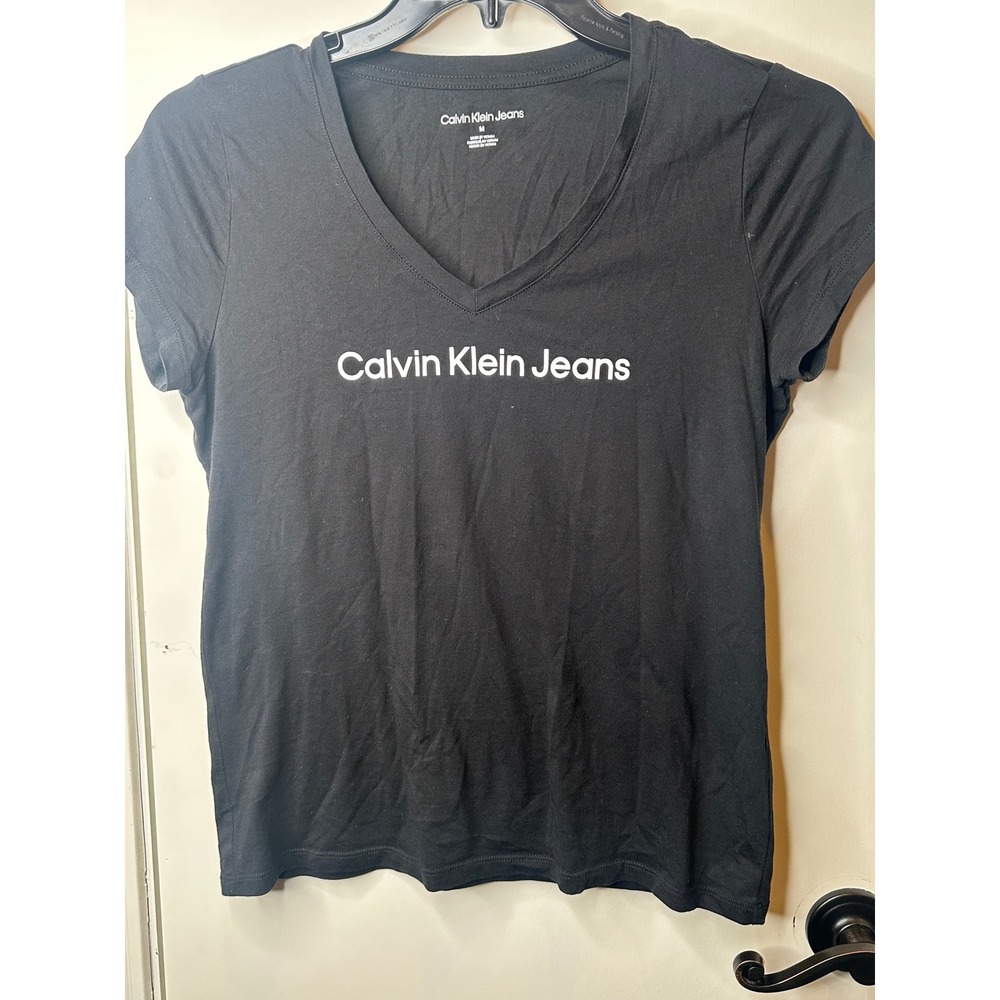 Calvin Klein Jeans Womens Black V-Neck Logo Graphic T-Shirt Medium